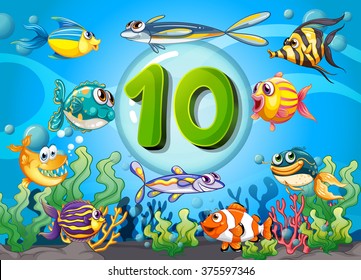 Flashcard number ten with 10 fish underwater illustration