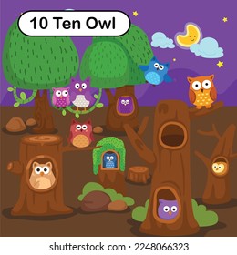 Flashcard number ten with 10 owl learning for kid illustration vector