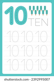 Número de tarjeta de crédito y texto 10 diez con puntos para niños. Para los años preescolares y de preescolar, los niños aprenden números, para contar y rastrear. Hoja de cálculo de educación Tamaño impreso A4