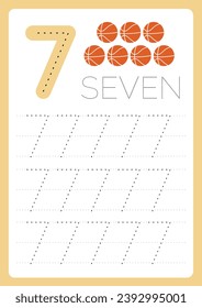 Número de tarjeta de crédito y texto 7 siete con puntos para niños. Para los años preescolares y de preescolar, los niños aprenden números, para contar y rastrear. Hoja de cálculo de educación Tamaño impreso A4