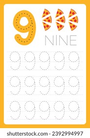 Flashcard number and text 9 nine with dots for children. For preschool years and kindergarten kids learning numbers, to count and trace. Education worksheet Printable A4 size