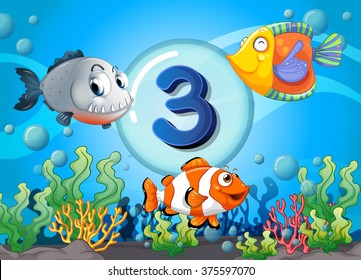 Flashcard number three with 3 fish underwater illustration