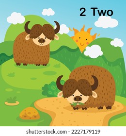 Flashcard number two with 2 yak learning for kid illustration vector