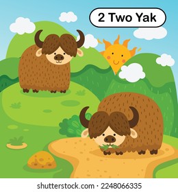 Flashcard number two with 2 yak learning for kid illustration vector