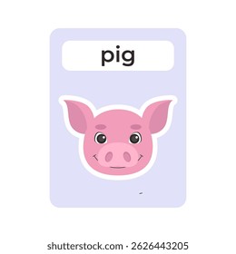 Flashcard with pig head on isolated background. Vector illustration in a flat style