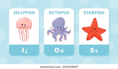 Flashcard with Sea Animal for Alphabet Letter Learning Vector Template