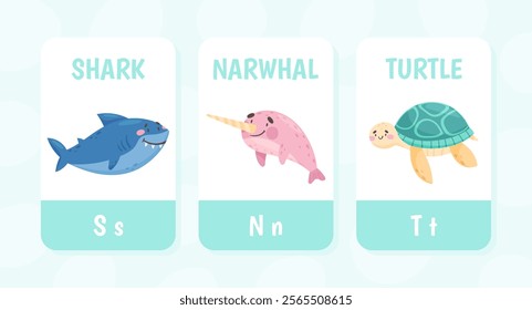 Flashcard with Sea Animal and Marine Underwater Swimming Creature Vector Template