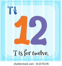 Flashcard of T is for twelve illustration