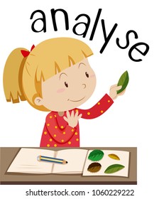 Flashcard for word analyse with girl looking at leaves illustration