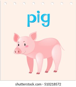 Flashcard with word and picture of pig illustration
