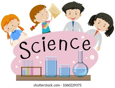 Flashcard for word science with kids in lab illustration