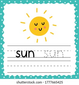 Flashcard with word Sun for kids. Writing practice activity page. Trace words worksheet. Cute flash card for toddlers. Vector illustration