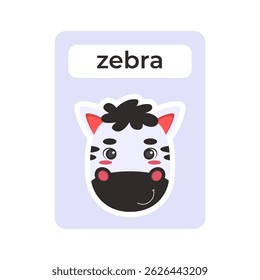 Flashcard with zebra head on isolated background. Vector illustration in a flat style