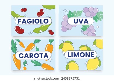 flashcards with cartoon beans grapes carrot lemon graphic illustration for kids learning Italian cards vector