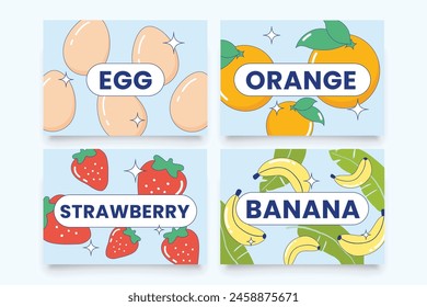 flashcards with cartoon egg orange berry banana graphic illustration for kids learning English cards vector