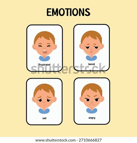 Flashcards of Children Expressing Emotions. The boy is frustrated, sad, angry, bored.