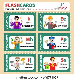 Flashcards for children with the names of professions (illusionist, engineer, hairdresser, postman, judoka, seller). Vector images for kid education, for kindergarten, for school, for illustration