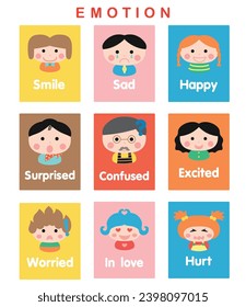 Flashcards with cute cartoon faces showing various emotions. vector,illustration.