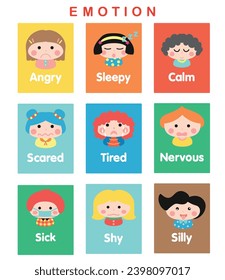 Flashcards with cute cartoon faces showing various emotions. vector,illustration.