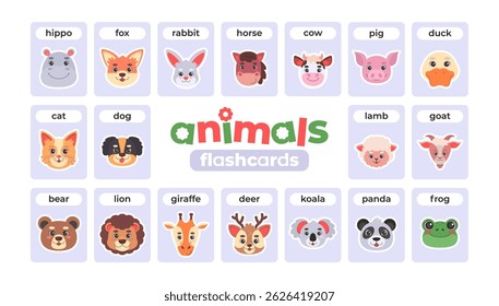 Flashcards with different funny animals heads on isolated background. Vector collection in a flat style