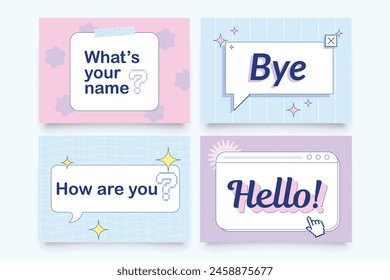 flashcards with hello introducing phrase graphic illustration for kids learning English beginner cards vector