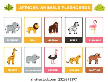 Flashcards for kids with cute African animals. Educational cards.