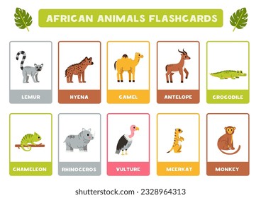 Flashcards for kids with cute African animals. Educational cards.