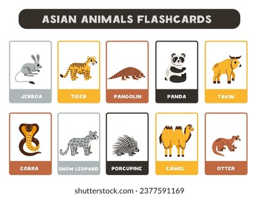 Flashcards for kids with cute Asian animals. Educational cards.