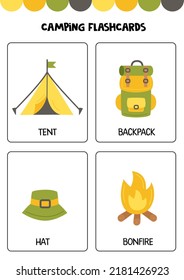 Flashcards for kids with cute camping elements. Educational cards.