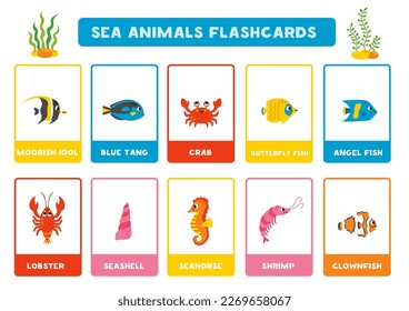 Flashcards for kids with cute cartoon sea animals. Educational cards.