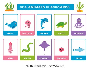 Flashcards for kids with cute cartoon sea animals. Educational cards.