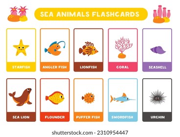 Flashcards for kids with cute cartoon sea animals. Educational cards.