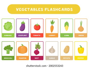 Flashcards for kids with cute cartoon vegetables. Educational cards.