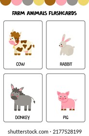 Flashcards for kids with cute farm animals. Educational cards.