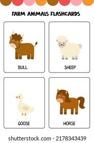 Flashcards for kids with cute farm animals. Educational cards.