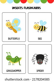 Flashcards for kids with cute insects. Educational cards.