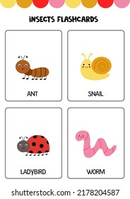 Flashcards for kids with cute insects. Educational cards.