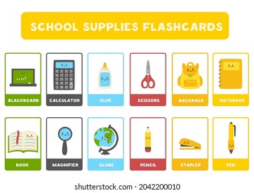 Flashcards for kids with cute school supplies. Educational cards.