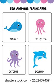 Flashcards for kids with cute sea animals. Educational cards.