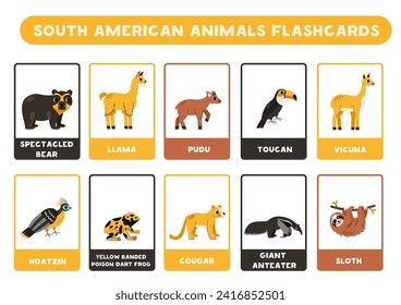 Flashcards for kids with cute South American animals. Educational cards.