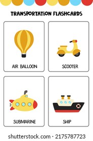 Flashcards for kids with cute transportation means. Educational cards.