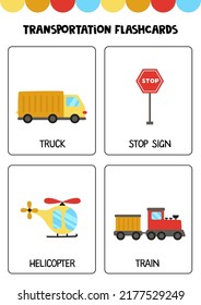 Flashcards for kids with cute transportation means. Educational cards.