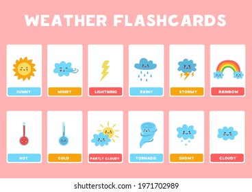 Flashcards for kids with cute weather events. Vector illustration of weather phenomenon.