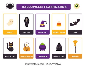 Flashcards for kids with Halloween elements. Educational cards.