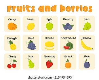 Flashcards for kids with inscription title of fruits and berries. Kids preschool playing, learning activity. Educational cards for the development of logical thinking. Worksheet for preschoolers.