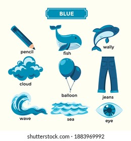 Flashcards For Learning Blue Color And Vocabulary Set