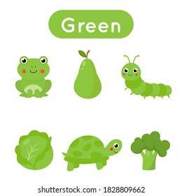 Flashcards for learning colors. Green color. Educational worksheet for preschool kids. Set of pictures in green color.