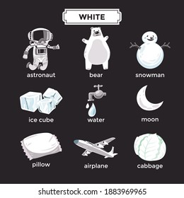 Flashcards for learning white color and vocabulary set