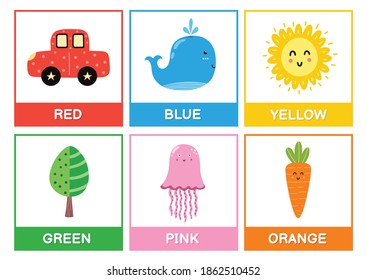 Flashcards with main colors - red, blue, yellow, green, pink, orange. Learn colours educational poster for kids with funny characters.  Worksheet for kindergarten. Vector illustration