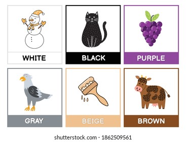 Flashcards with main colors - white, black, purple, gray, beige, brown. Learn colours educational poster for kids with funny characters.  Worksheet for kindergarten. Vector illustration